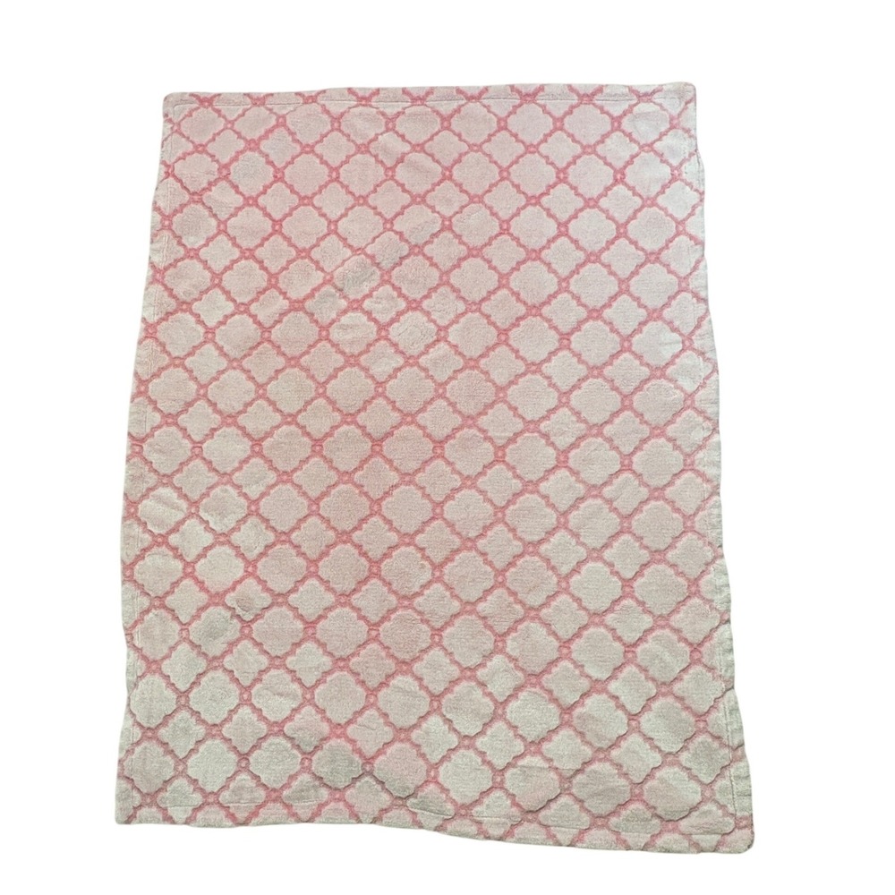 Zak & Zoey Pink Lattice Clover Baby Blanket Plush Minky Fluffy Backing 30x36 EUC